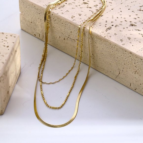 Triple Layer Multi Chain Gold Necklace - Picture 2 of 8